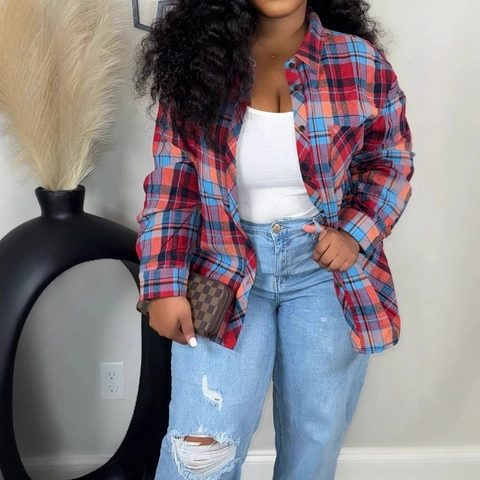Women Plus Size Plaid Print Shirt Casual Long Sleeve Lapel Button Down Blouse Commuter Style Fashion Spring Autumn Tops