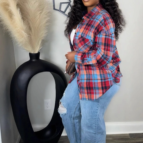 Women Plus Size Plaid Print Shirt Casual Long Sleeve Lapel Button Down Blouse Commuter Style Fashion Spring Autumn Tops