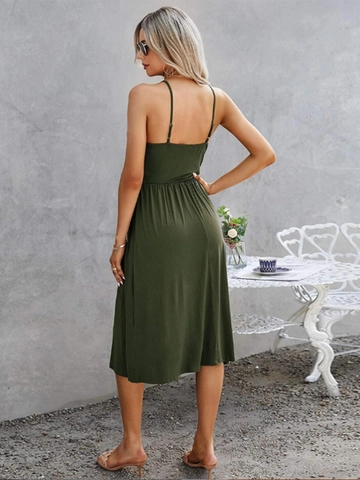 Women V-Neck Spaghetti Strap Backless Ruched A-Line Midi Dress Solid Color Summer Casual Holiday Party Sexy Elegant Dress