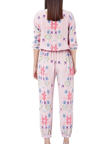Coordinati Casual Donna Top a Girocollo a Maniche Lunghe e Pantaloni a Sigaretta Rosa con Stampa Etnica Geometrica Loungewear