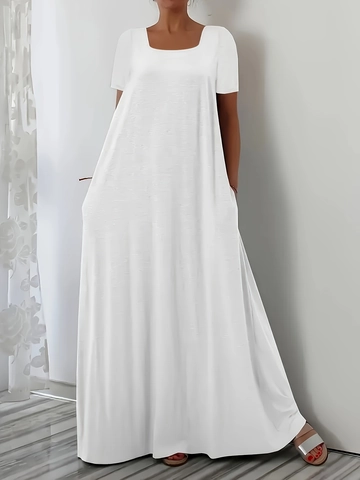 Women Plus Size Maxi Dress Casual Loose Short Sleeve Square Neck Solid Color Summer A-Line Long Dress With Pockets