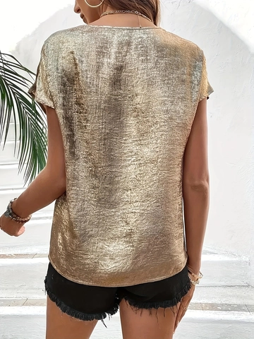 Maglietta in Raso Elegante da Donna Scollo a V in Pizzo Manica Corta Top Largo Oro Texture Metallica Casual Estate