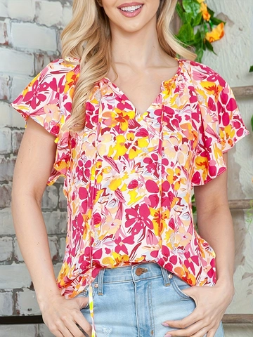 Dames V-hals Bloemenprint Ruffle Korte Mouw Blouse Casual Zomer Tuniek Top Met Trekkoord Halslijn Pullover