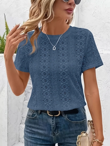 Women's Hollow Out Lace T-Shirt Round Neck Short Sleeve Slim Fit Solid Color Polyester Casual Elegant Summer Top