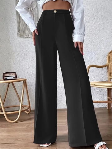 Women Elegant High Waist Wide Leg Suit Pants Solid Color Straight Leg Trousers With Pockets For Office Lady Work Wear