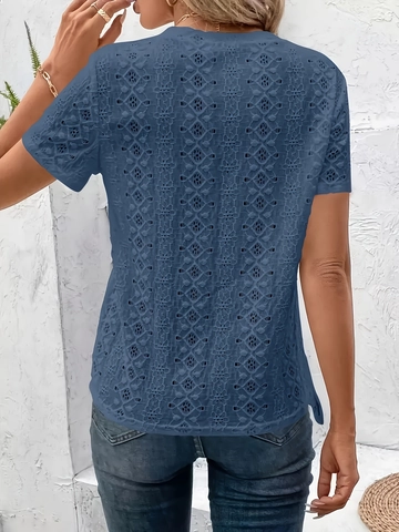 Women's Hollow Out Lace T-Shirt Round Neck Short Sleeve Slim Fit Solid Color Polyester Casual Elegant Summer Top