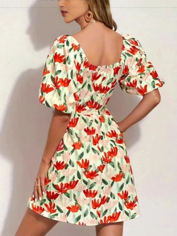 Damen Französisches Vintage Blumenmuster Puffärmel Kleid Eckiger Ausschnitt Hohe Taille A-Linie Mini Sommerurlaub Strandkleid