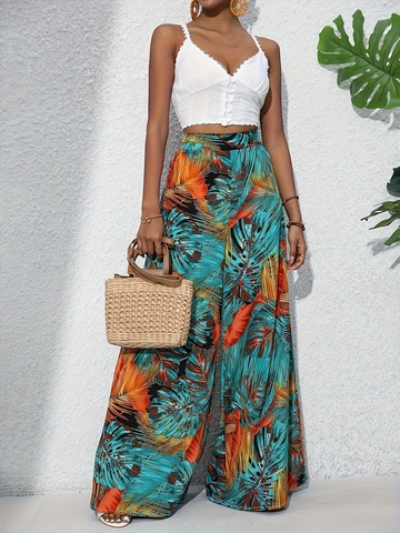 Damen Sommer Tropisches Palmblatt Druck Hohe Taille Weite Hose Casual Locker Luftig Urlaub Strand Lange Hose