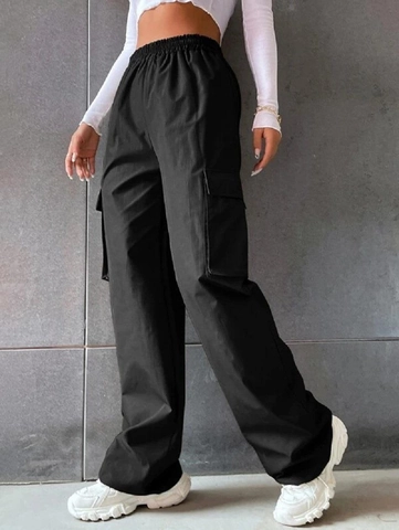 Women High Waist Cargo Pants Straight Wide Leg Trousers Solid Color Flap Pocket Streetwear Casual Fashion Loose Pants