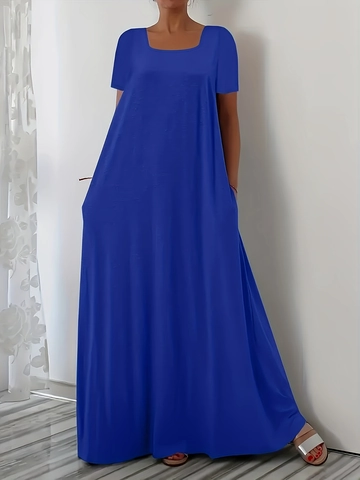 Women Plus Size Maxi Dress Casual Loose Short Sleeve Square Neck Solid Color Summer A-Line Long Dress With Pockets