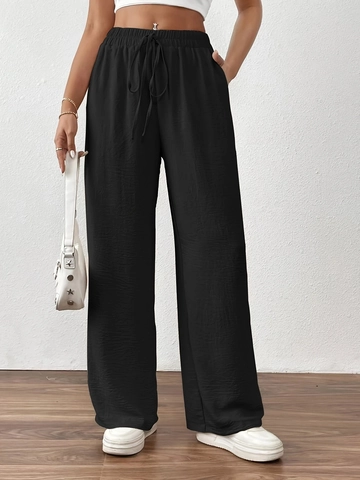 Dames Broek met Wijde Pijpen Hoge Taille Effen Kleur Elastisch Trekkoord Casual Rechte Broek Met Zakken Lichtgewicht Textuur Stof