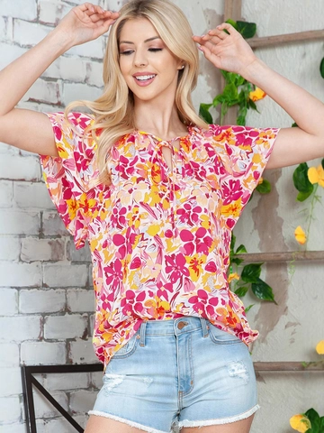 Dames V-hals Bloemenprint Ruffle Korte Mouw Blouse Casual Zomer Tuniek Top Met Trekkoord Halslijn Pullover