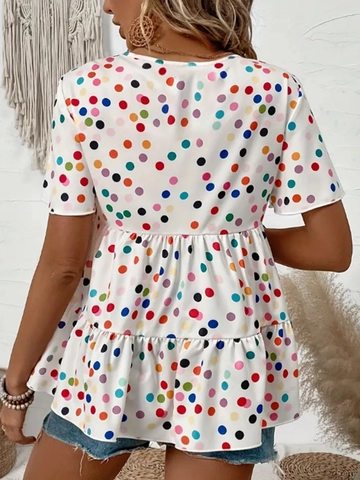 Women Casual Polka Dot Print T-Shirt Round Neck Flutter Sleeve Tiered Ruffle Hem Bohemian Summer Loose Babydoll Top