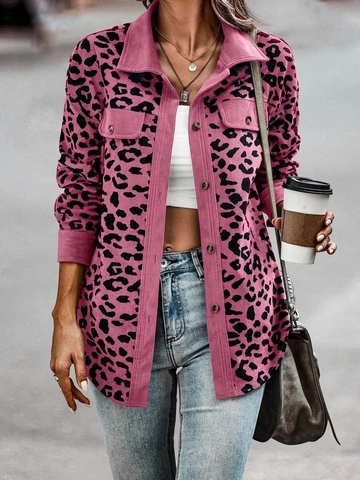 Giacca in Velluto a Coste con Stampa Leopardata da Donna Camicia a Maniche Lunghe con Bottoni Capispalla Casual con Tasche