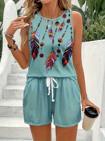 Plus Size Dames Boheems Verenprint Mouwloze Tanktop En Shorts Ronde Hals Casual Zomer Outfit Vakantie
