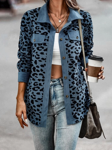 Giacca in Velluto a Coste con Stampa Leopardata da Donna Camicia a Maniche Lunghe con Bottoni Capispalla Casual con Tasche