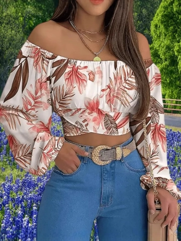 Damen Schulterfrei Blumenmuster Crop Top Lang Laternenärmel Süß U-Boot-Ausschnitt Rückenfrei Sommer Bluse T-Shirt