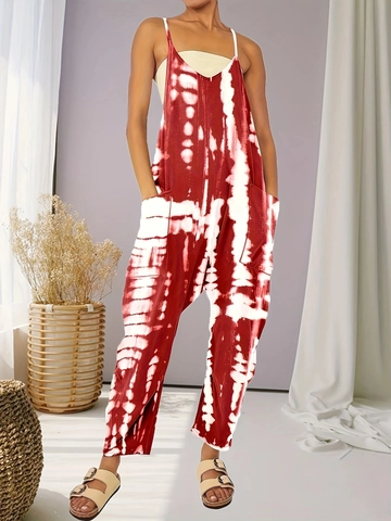 Women Plus Size Tie Dye Jumpsuit Sexy Backless Spaghetti Strap Loose Relaxed Fit With Pockets Summer Vacation Beachwear