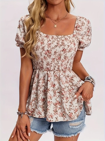 Damen Square Neck Gestimmt Blumen Puffärmel Bluse Rüschensaum Sommer Boho Top Für Casual Urlaub Kleidung