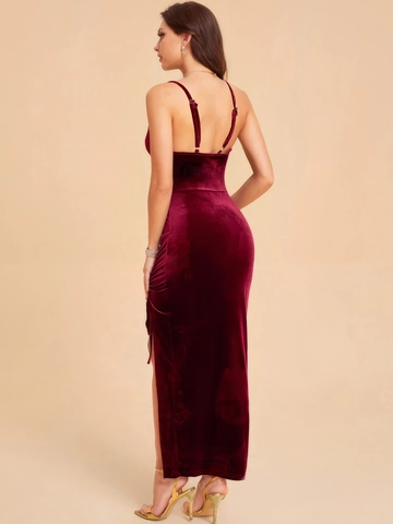 Eleganter Samt Maxikleid Wasserfall-Ausschnitt Gerafft Seitenschlitz Slim Fit Camisole Abendkleid Für Party Hochzeit Damen Kleid