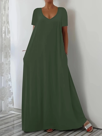Women Plus Size V Neck Maxi Dress Short Sleeve Casual Loose Solid Color Dress With Pockets Polyester Summer Long Dress