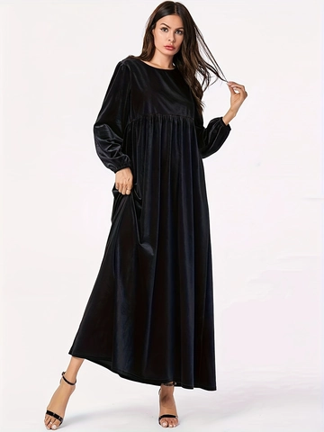 Elegant Velvet Maxi Dress For Women Solid Color Round Neck Long Lantern Sleeve High Waist Pleated Fall Winter Long Dress