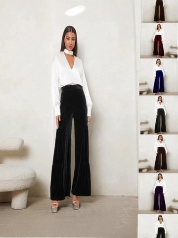 Pantaloni a Gamba Larga in Velluto a Vita Alta da Donna Eleganti Tinta Unita Stratificati a Livelli Casual da Pendolare
