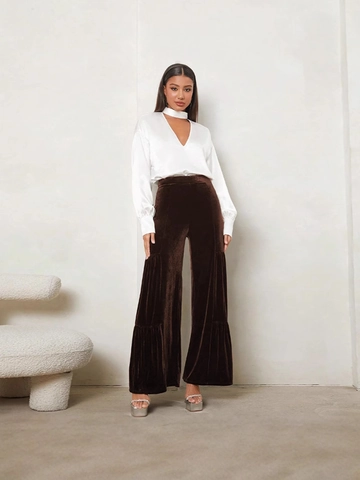 Pantaloni a Gamba Larga in Velluto a Vita Alta da Donna Eleganti Tinta Unita Stratificati a Livelli Casual da Pendolare