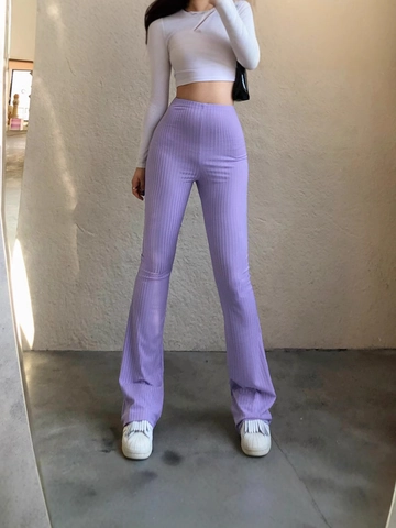 Damen High Waist Schlaghose Elastisch Rippstrick Einfarbig Schmale Passform Retro Micro Bell Bottom Casual Lange Hose Streetwear