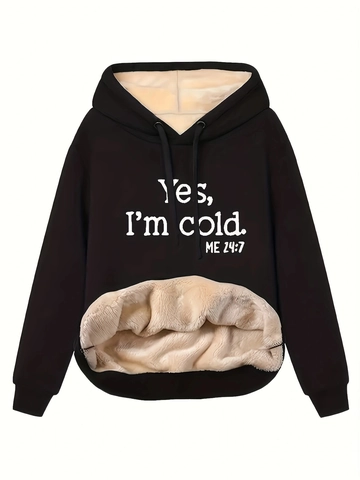Sweat à Capuche Grande Taille pour Femme Doublé de Polaire Imprimé Lettres Cordon de Serrage Chaud Hiver Pull-over