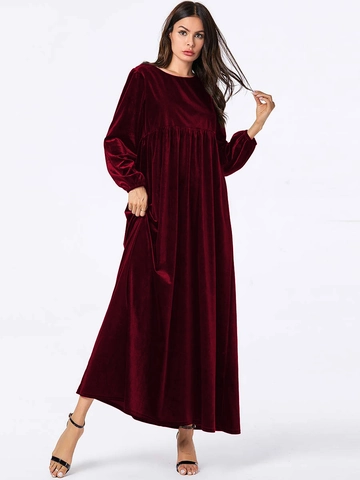 Abito Maxi in Velluto Taglie Forti Donna Manica Lunga Girocollo Tinta Unita Elegante Vita Alta Gonna a Ruota Abito da Sera
