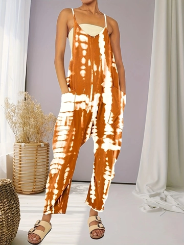 Women Plus Size Tie Dye Jumpsuit Sexy Backless Spaghetti Strap Loose Relaxed Fit With Pockets Summer Vacation Beachwear