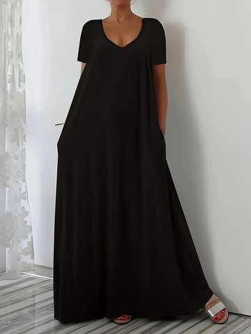 Women Plus Size V Neck Maxi Dress Short Sleeve Casual Loose Solid Color Dress With Pockets Polyester Summer Long Dress
