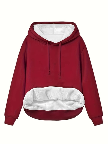 Women's Solid Color Hooded Sweatshirt Fleece Lined Warm Thickened Drawstring Kangaroo Pocket Casual Long Sleeve Hoodie