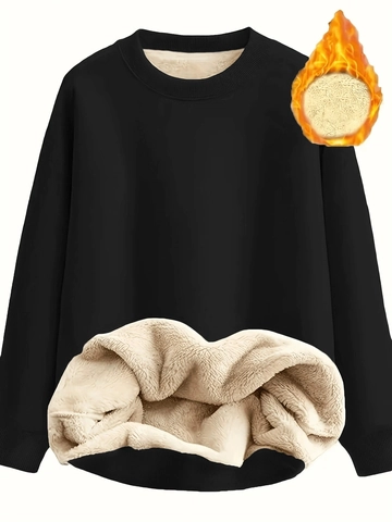 Women Plus Size Fleece Lined Sweatshirt Round Neck Long Sleeve Thick Warm Sherpa Lined Pullover Casual Winter Top