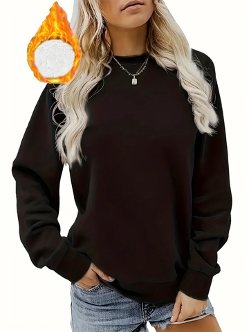 Dames Ronde Hals Sweatshirt Fleece Gevoerd Dik Warm Casual Pullover Lange Mouwen Effen Kleur Top Voor Herfst Winter