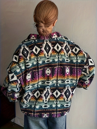 Damen Übergröße Ethno Geometrischer Druck Fleece Jacke Winter Warm Reißverschluss Lockere Passform Boho Plüsch Jacke