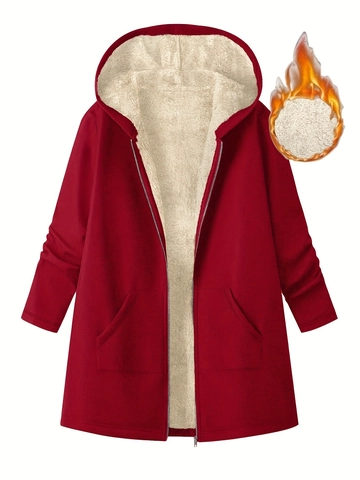 Women Plus Size Hooded Jacket Sherpa Fleece Lined Thickened Warm Long Outerwear Loose Zipper Coat With Pockets Winter Casual Jacket