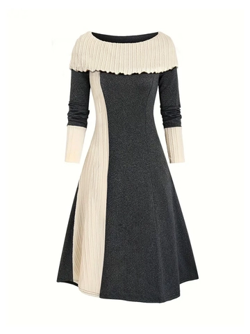 Dames Elegante Off-Shoulder Gebreide Midi-Jurk Lange Mouwen Color Block A-Lijn Herfst Winter Mode Slim Fit Jurk