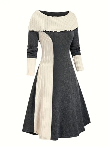 Dames Elegante Off-Shoulder Gebreide Midi-Jurk Lange Mouwen Color Block A-Lijn Herfst Winter Mode Slim Fit Jurk