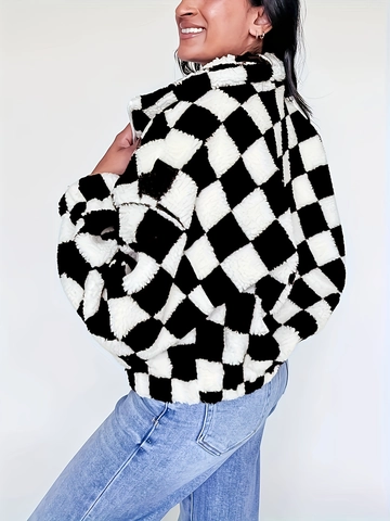 Women Casual Checkerboard Plush Jacket Stand Collar Zipper Fleece Coat With Pockets Loose Winter Warm Long Sleeve Outerwear