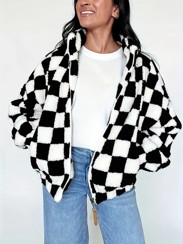 Women Casual Checkerboard Plush Jacket Stand Collar Zipper Fleece Coat With Pockets Loose Winter Warm Long Sleeve Outerwear