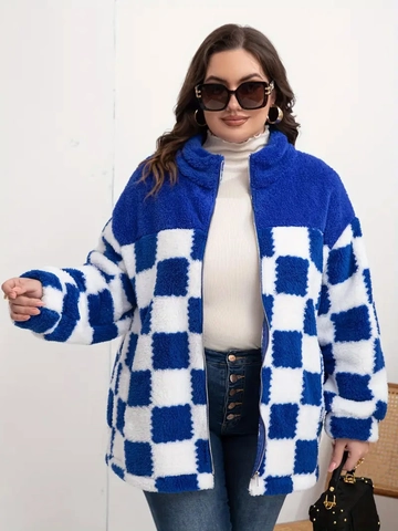 Chaqueta de Forro Polar de Cuadros Azul y Blanco para Mujer Hombre Cálido Abrigo de Sherpa con Cuello Alto Cremallera Patchwork Felpa Ropa de Abrigo