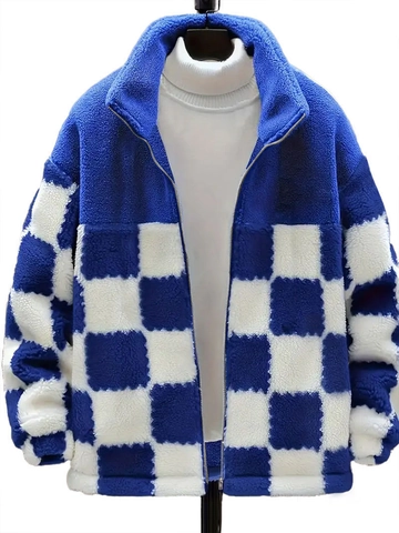 Chaqueta de Forro Polar de Cuadros Azul y Blanco para Mujer Hombre Cálido Abrigo de Sherpa con Cuello Alto Cremallera Patchwork Felpa Ropa de Abrigo