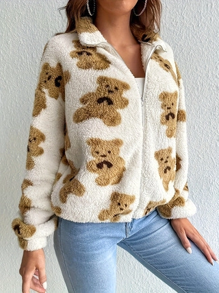 Damen Übergröße Sherpa Fleece Jacke Cartoon Bär Druck Warm Reißverschluss Locker Sitzende Oberbekleidung Herbst Winter Mantel