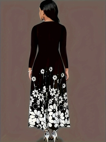Abito Maxi a Maniche Lunghe con Stampa Floreale da Donna Taglie Forti Casual Girocollo Linea ad A Vestito Lungo con Tasche Elegante
