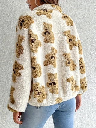 Damen Übergröße Sherpa Fleece Jacke Cartoon Bär Druck Warm Reißverschluss Locker Sitzende Oberbekleidung Herbst Winter Mantel