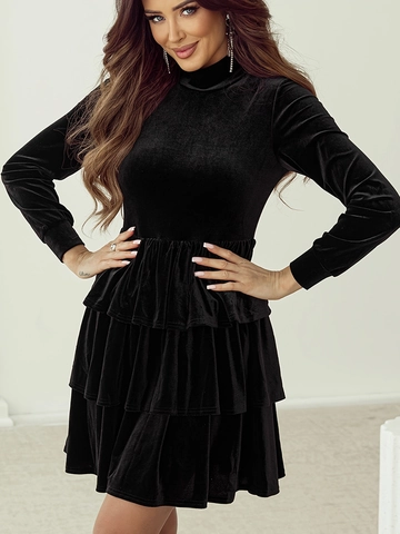 Damen Elegant Hochgeschlossen Samt Langarm Mini Kleid Schlank Stufen Rüschen Stufenrock Formelle Party Bankett Weihnachten Kleid