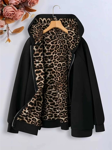 Women Plus Size Leopard Lining Hooded Jacket Casual Long Sleeve Zipper Mid Length Loose Autumn Winter Coat Outerwear