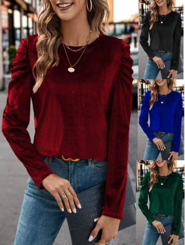Damen Elegant Samt Puffärmel T-Shirt Rundhalsausschnitt Langarm Slim Fit Einfarbig Casual Herbst Winter Top